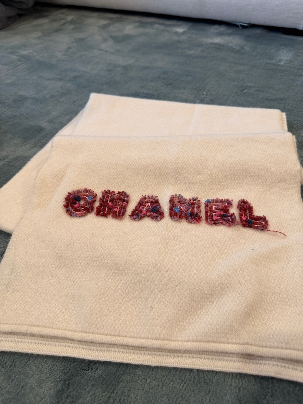 CHANEL Cream Scarf with Multicolor Text Embroidery